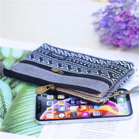 Femmes Mode Toile Pochette Sac Multi Couches Fermeture Éclair Sac Téléphone Portable Voyage Décontracté Imprimé Rayé Sac à Main