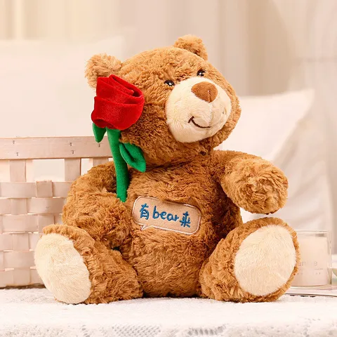 Peluche Oso de Peluche Juguete de Animal con Flor de Rosa Lindo Muñeco Suave Regalo de Fiesta de Cumpleaños Para Niños y Jóvenes