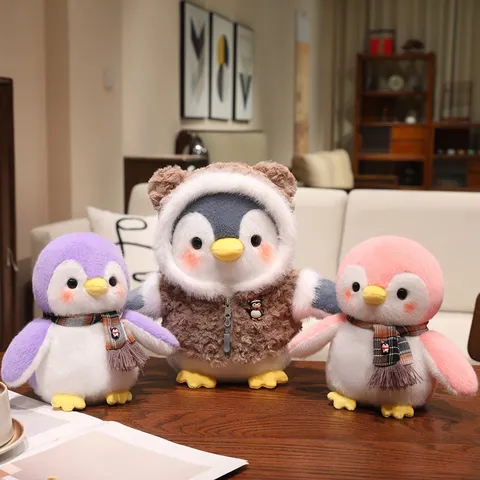 Cute Penguin Plush Toy Stuffed Animal With Scarf And Hooded Windbreaker Soft Companion Doll Kids Birthday Gift