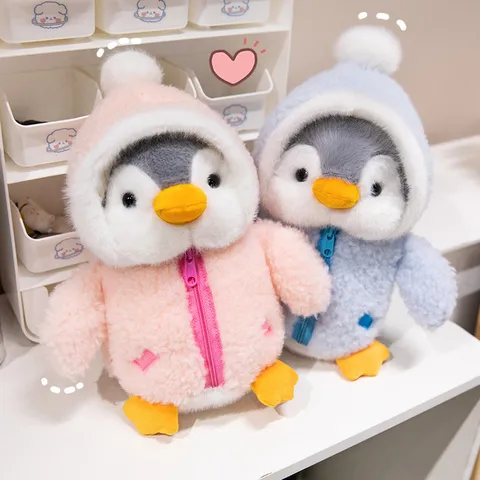 Cute Penguin Plush Toy Stuffed Animal with Hooded Jacket Soft Cotton Filled Doll Birthday Gift for Kids