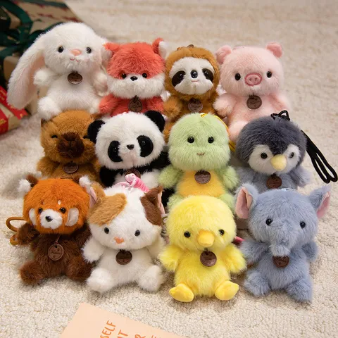 Cute Animal Plush Toy Keychain Cartoon Panda Raccoon Rabbit Elephant Doll Bag Pendant Soft Stuffed Animal Keyring Bag Charm