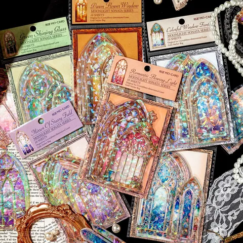 PET 3D Laser Gold Sticker Pack Moonlight Sonata Series Retro Dreamy Gothic Window Journal Decorative Material Stationery Stickers