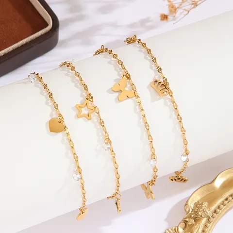Stainless Steel Zirconia Anklet Gold Plated Heart Crown Butterfly Star Charm Chain Ankle Bracelet For Women Jewelry