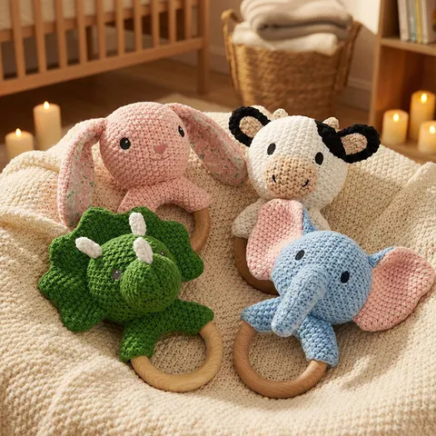 Handmade Crochet Baby Sensory Rattle Toy Cute Animal Wooden Ring Teether Infant Toy