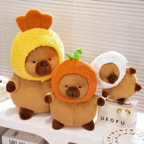 Cute Capybara Plush Toy Stuffed Animal Soft Doll with Fruit Hat Kawaii Hugging Pillow Birthday Gift for Kids