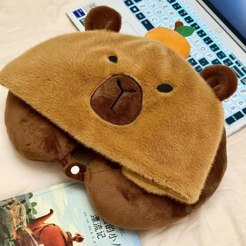 Almohada en Forma de U con Capucha de Carpincho Creativa Peluche Caliente Protección de Cuello Animal Regalo Lindo