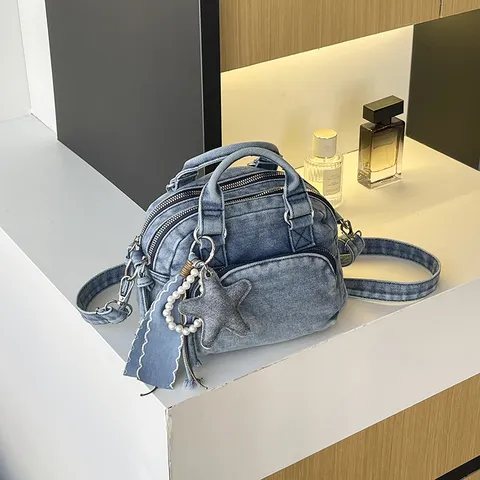 Women Denim Boston Bag Fashion Urban Minimalist Stitching Patchwork Handbag Casual Commuting Top Handle Crossbody Shoulder Bag