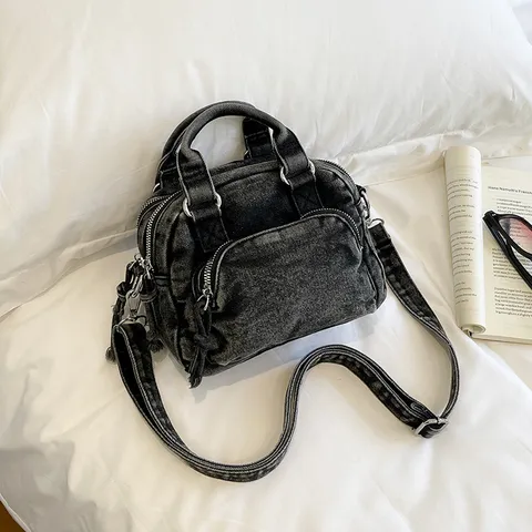 Women Denim Boston Bag Fashion Urban Minimalist Stitching Patchwork Handbag Casual Commuting Top Handle Crossbody Shoulder Bag