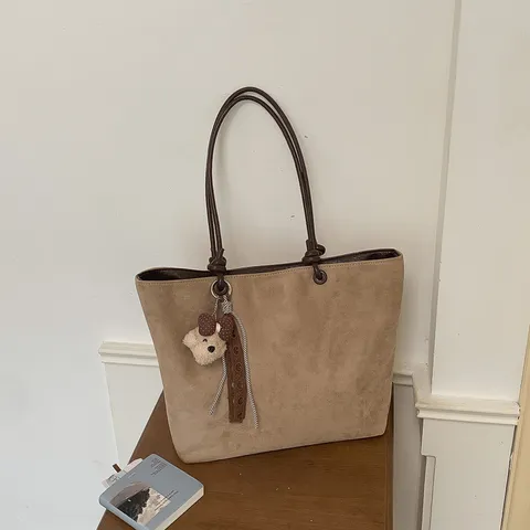 Women Large Capacity Tote Bag Casual Suede Shoulder Bag Simple Commuter Underarm Bag Stylish Handbag With Pendant