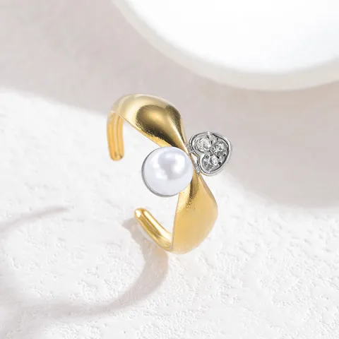 Edelstahl Perle Offener Ring Für Damen Vergoldet Geometrisch Verstellbar Modeschmuck Fingerring Geschenk