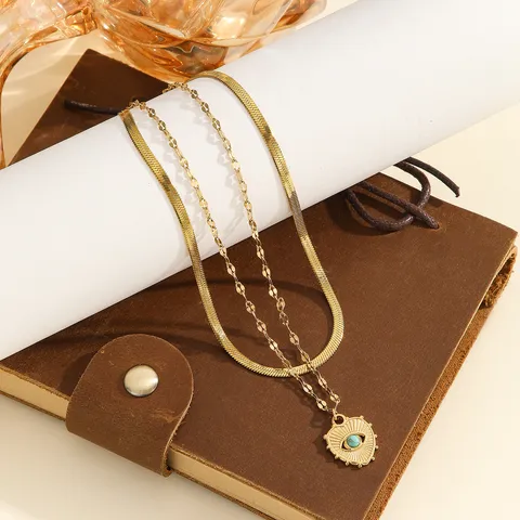 Exquisite Stainless Steel Double Layer Necklace Heart Evil Eye Pendant Gold Plated Retro Fashion Jewelry Gift For Women