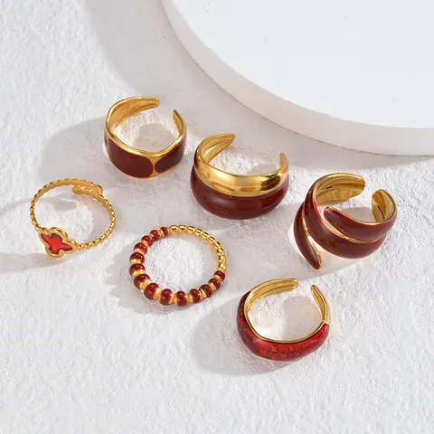 Modische Edelstahl Rote Emaille Ring Set Europäische Amerikanische Leichte Luxus Geometrische Fingerringe Für Frauen Schmuck Geschenk