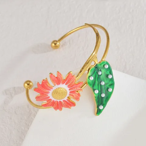 Bracciale Aperto in Acciaio Inossidabile Con Foglie Smaltate Colorate Perle Artificiali Girasole Gioielli alla Moda per Donna