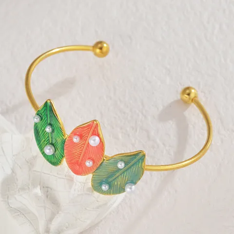 Bracciale Aperto in Acciaio Inossidabile Con Foglie Smaltate Colorate Perle Artificiali Girasole Gioielli alla Moda per Donna