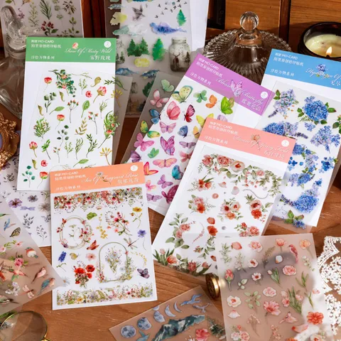 Decorative PET Water Transfer Stickers Botanical Floral Butterfly Journal DIY Decorative Sticker Material Pack