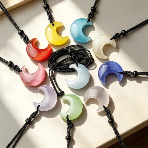 Collar Con Colgante de Luna Creciente de Ópalo Artificial Cadena de Suéter de Cuerda Trenzada Ajustable Joyería Celestial Romántica Regalo Para Unisex