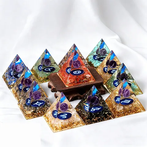 Natural Amethyst Orgone Pyramid Decorative Resin Ornament With Crystal Sphere Sacred Geometry Gold Foil Base Desk Accent For Home Office Chakra Meditation Gift