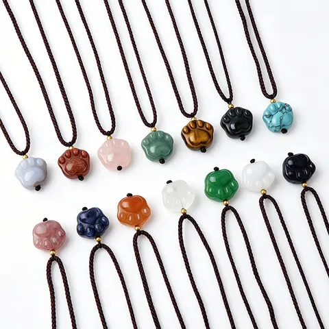Natural Crystal Amethyst Aventurine Tiger Eye Cat Paw Pendant Necklace Braided Cord Animal Bear Paw Charm Necklace Jewelry For Men Women Everyday Gift