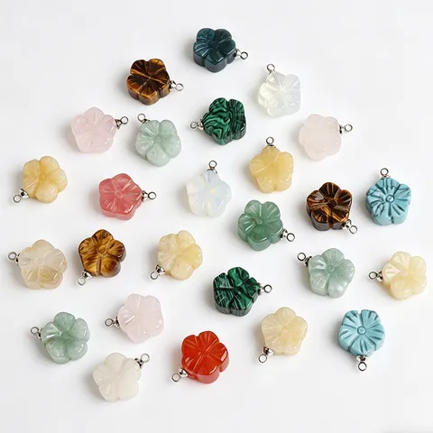 Natural Stone Crystal Plum Blossom Charm Double Sided Flower Pendant Carved Agate Quartz Floral Charms With Metal Loop For DIY Necklace Jewelry Making Material