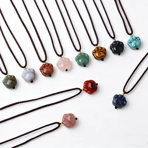 Natural Crystal Amethyst Aventurine Tiger Eye Cat Paw Pendant Necklace Braided Cord Animal Bear Paw Charm Necklace Jewelry For Men Women Everyday Gift