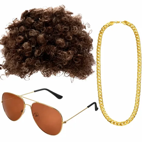 70s Disco Party Costume Accessories Set Retro Afro Wig Gold Chain Sunglasses Fake Beard Party Dress Up Props