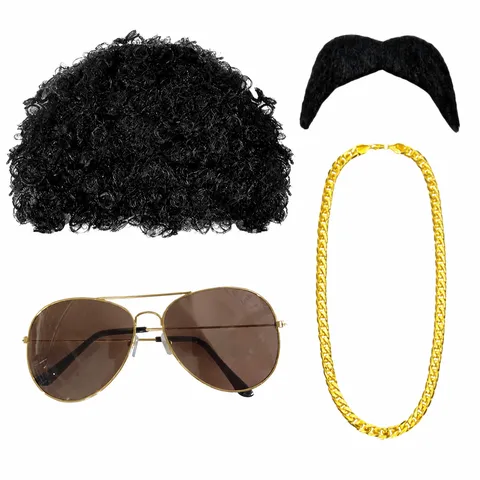 70s Disco Party Costume Accessories Set Retro Afro Wig Gold Chain Sunglasses Fake Beard Party Dress Up Props