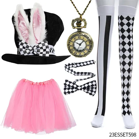 Conjunto de Disfraz de Sombrero de Copa con Orejas de Conejo de Pascua Accesorios de Cosplay para Fiesta Sombrero de Terciopelo Pajarita Guantes Reloj de Bolsillo Falda Medias