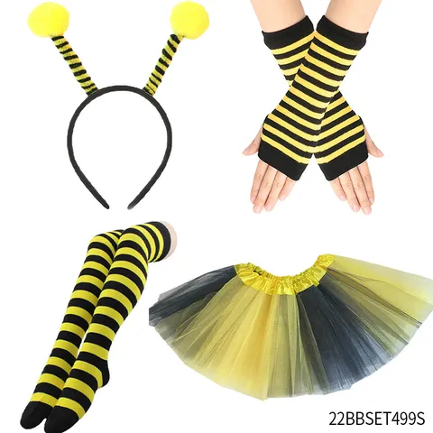 Halloween Bee Party Costume Set Headband Glasses Tutu Skirt Gloves Performance Dress Up Props