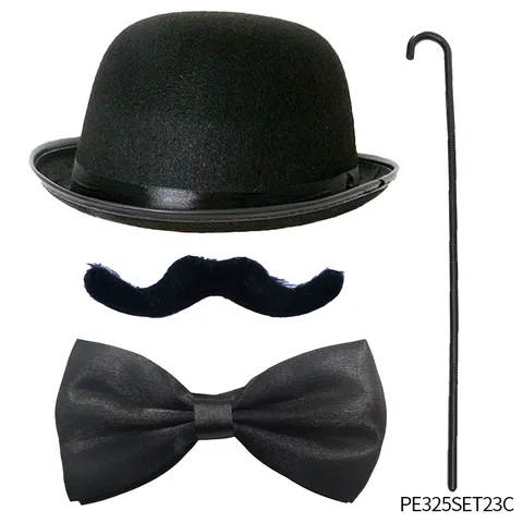 Halloween Chaplin Cosplay Kostuum Rekwisieten Set Strik Wandelstok Hoed Baard Bril Vergrootglas Feest