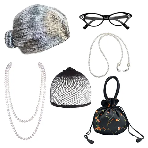 80s Old Lady Cosplay Costume Set Gray Wig Glasses Pearl Necklace Granny Dress Up Party Stage Performance Props