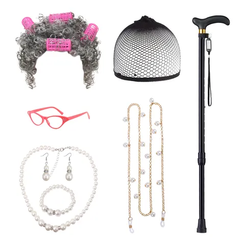 Kit Accessoires Déguisement Vieille Dame Grand-mère Rétro Perruque Grise Canne Pliante Lunettes Collier Perles Artificielles Pour Fête Halloween