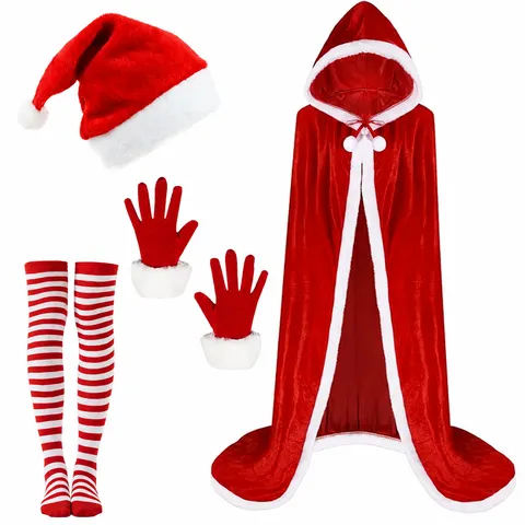 Kerst Rode Fluwelen Mantel Cape Volwassen COS Feest Kostuum Set Met Handschoenen Hoed En Sokken