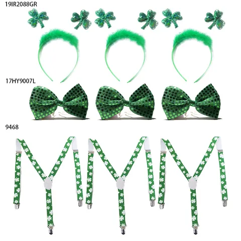 St. Patrick's Day Irisches Party Kostüm Set Grünes Kleeblatt Haarreif Fliege Hosenträger Festliche Party Verkleidung Zubehör