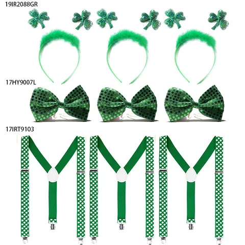 St. Patrick's Day Irisches Party Kostüm Set Grünes Kleeblatt Haarreif Fliege Hosenträger Festliche Party Verkleidung Zubehör