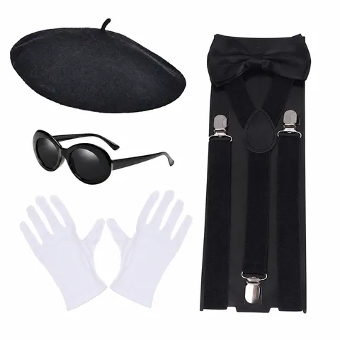 Halloween Cosplay Kostuum Accessoires Set Baret Hoed Zonnebril Handschoenen Bretels Feest Verkleed Rekwisieten
