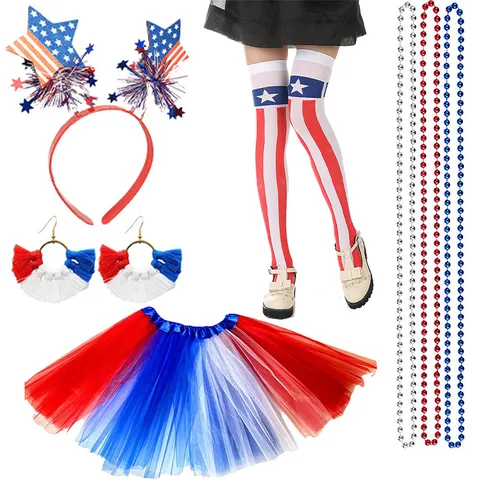 American Independence Day Party Costume Set Patriotic Star Spangled Banner Top Hat Headband Tutu Skirt Sunglasses Accessories