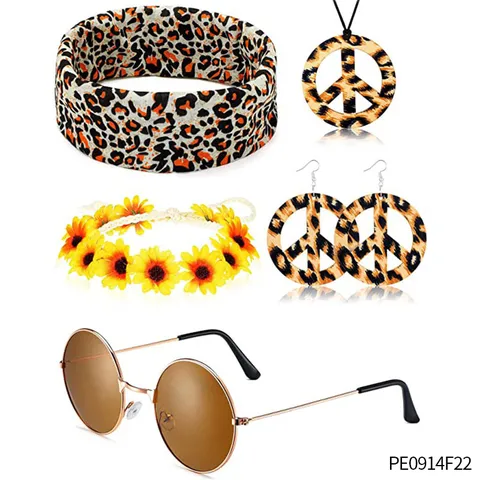 Retro Hippie Vredesteken Ketting Oorbellen Hoofdband Zonnebril Kostuum Accessoires Set Voor Carnaval Feest