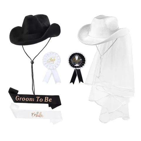 Junggesellenabschied Braut Und Bräutigam Schwarz Weiß Hochzeit Western Cowboy Hut Schleier Schärfe Set Party Deko