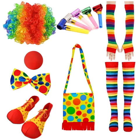 Halloween Adulto Payaso Disfraz Rendimiento Conjunto Peluca Arcoiris Lunares Chaleco Corbata Fiesta Cosplay Accesorios