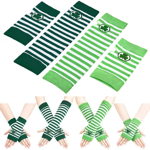St Patricks Day Klaverblad Print Gestreepte Handschoenen Armmouwen En Lange Kousen Festival Feest Kostuum Accessoires