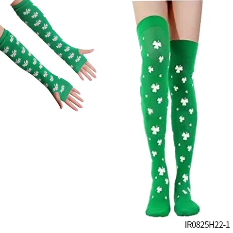 St Patricks Day Klaverblad Print Gestreepte Handschoenen Armmouwen En Lange Kousen Festival Feest Kostuum Accessoires