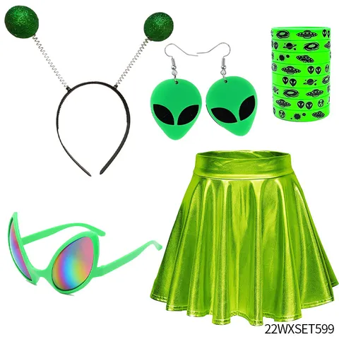 Alien Kostuum Accessoires Set Hoofdband Bril Handschoenen Plisse Rok Feest Cosplay Verkleed Futuristische Ruimte Outfit