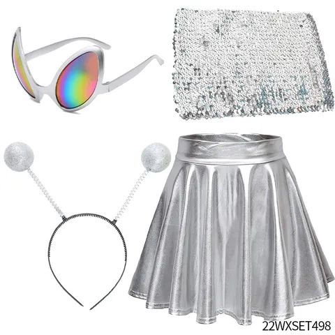 Alien Kostuum Accessoires Set Hoofdband Bril Handschoenen Plisse Rok Feest Cosplay Verkleed Futuristische Ruimte Outfit