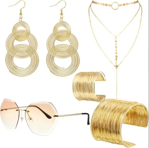 Retro Vintage Disco Feest Kostuum Accessoires Set Goudkleurige Statement Ketting Oorbellen Armbanden Mode Zonnebril voor Dames