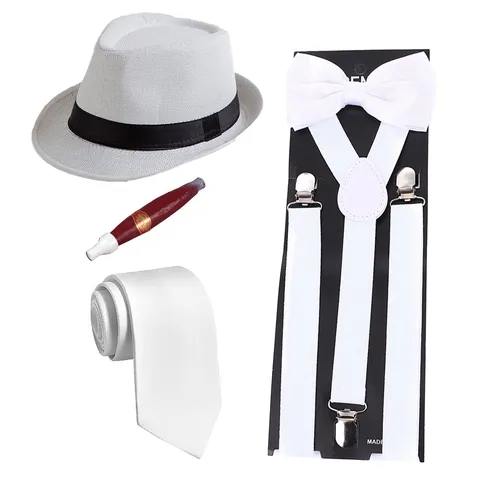 Heren 1920s Gangster Kostuum Accessoires Set Visgraat Hoed Bretels Stropdas Sigaret