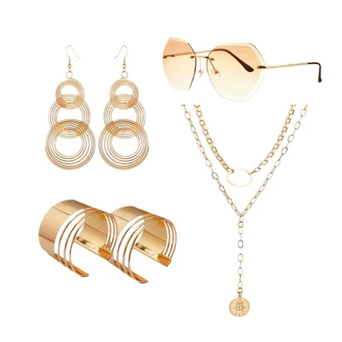 Retro Vintage Disco Feest Kostuum Accessoires Set Goudkleurige Statement Ketting Oorbellen Armbanden Mode Zonnebril voor Dames