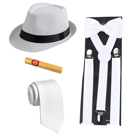 Heren 1920s Gangster Kostuum Accessoires Set Visgraat Hoed Bretels Stropdas Sigaret