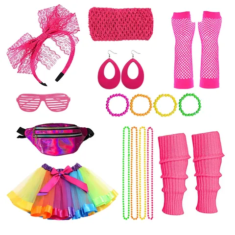 1980s Retro Party Costume Accessories Fishnet Gloves Leg Warmers Tutu Skirt Set For Women