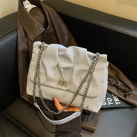 Sac Bandouliere Mode Femme Sac Cabas Cuir PU Plisse Imprime Etoile Sac Main Decontracte avec Chaine Metal