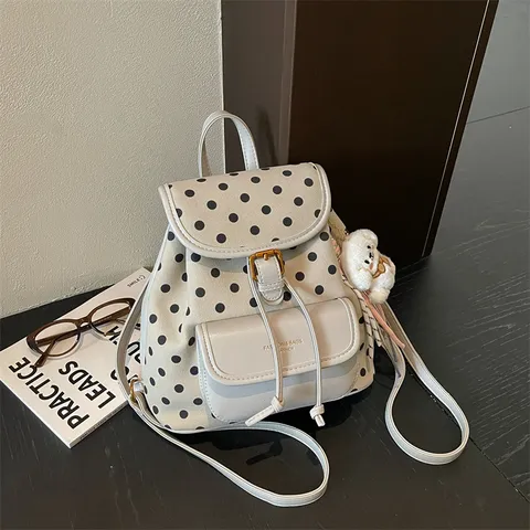 Trendy Polka Dot Casual Backpack For Women Wear Resistant PU Leather Stitching Flap School Backpack Travel Bag